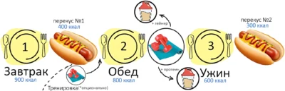 Суточная схема питания мезоморфа при 1-ой и 2-х тренировках в день